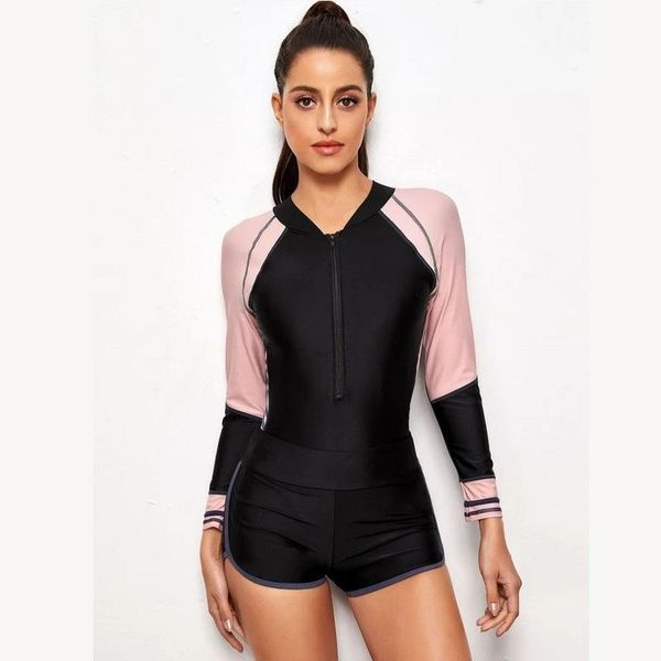

long sleeve of women swimsuit 2021 sports rashguard surf zipper slim one piece with high waisted boxers two patchwork polyester