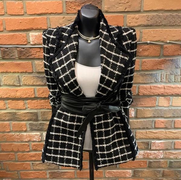 

women's jackets 2021 spring fashion ladies lapel long-sleeved tweed plaid suit jacket lace-up waist woolen blazers, Black;brown