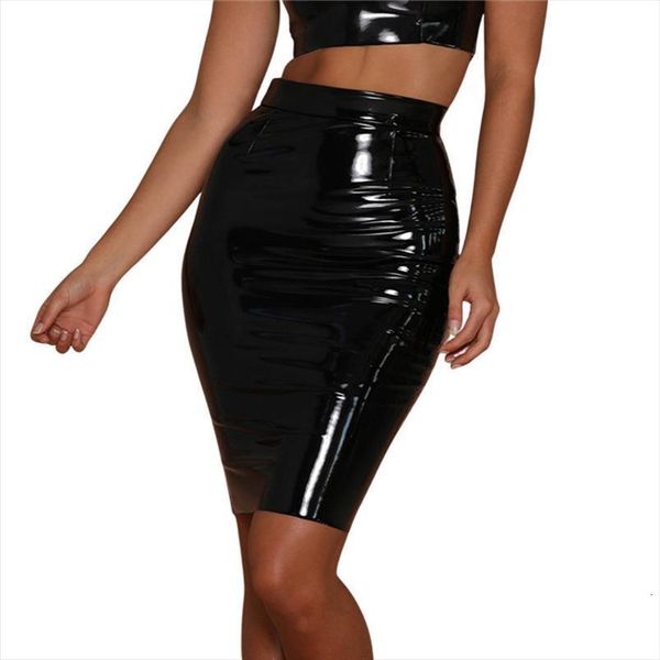 

vintage office plus size womens skirts pu leather bodycon pencil ol work skirt mujer latex elegant high waist s, Black