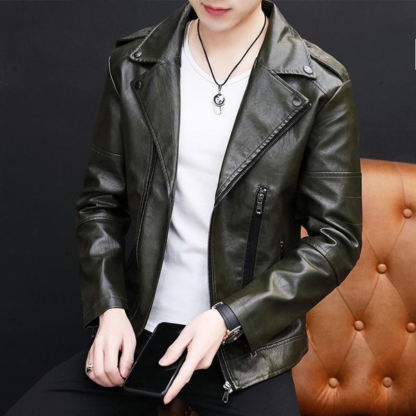 

2021 autumn new leather jacket youth korean version trend simple slim baseball collar pu leather coat men's motorcycle jacket, Black;brown
