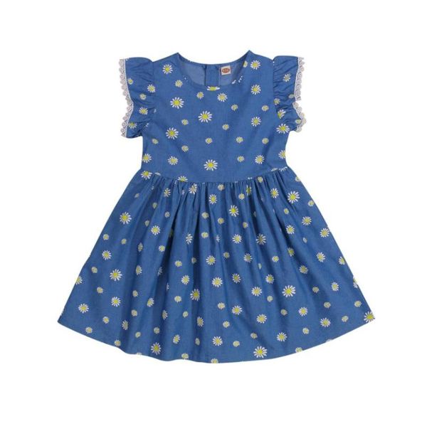 

girl's dresses children daisy print denim dress, girls flying sleeve large hem o-neck dress with lace, Red;yellow