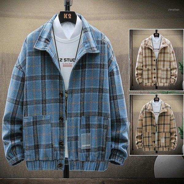 

spring men's plaid jacket korean fashion casual loose lapel student clothing jackets, Black;brown