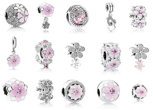 

wholesale30pcs fits pandora 925 sterling silver bracelet pink enamel magnolia crystal dangle beads charms for european snake charm chain fas, Black