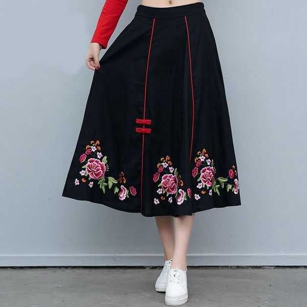 

skirts vintage womens 2021 autumn winter mexico style ethnic long embroidery midi skirt longuette 11745, Black