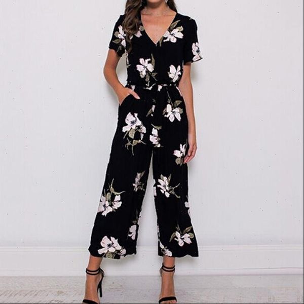 

vintage fashion slim women jumpsuit short sleeve print casual bodysuit ladies romper long jumpsuit plus size 5xl, Black;white