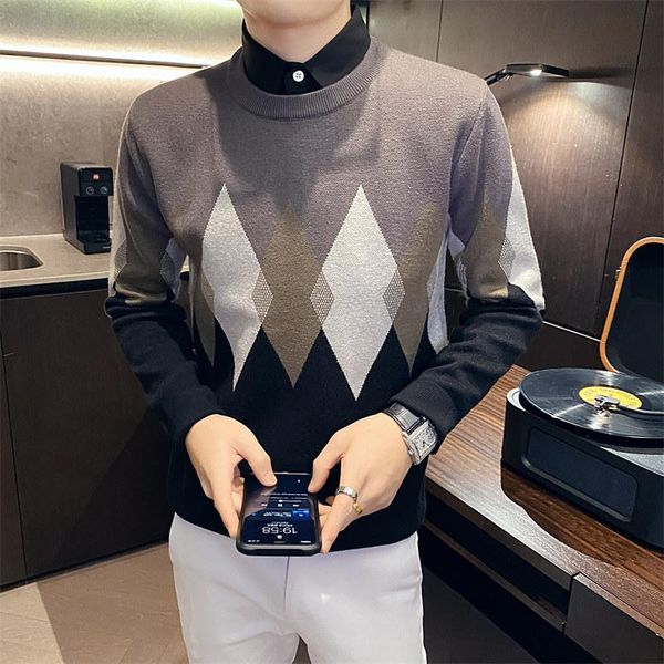 

men's sweaters 2021 autumn contrast jacquard sweater business shirt collar knitted pullovers casual social knitwear male clothing, White;black