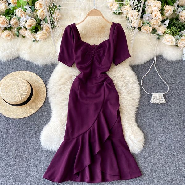 

purple/rose red square collar irregular women ruffle high waist mermaid bodycon vestidos spring autumn 2021 fashion gehi, Black;gray