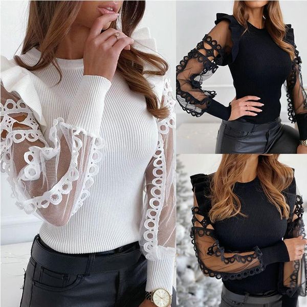 

women's blouses & shirts round neck solid color hollow out ruffled mesh sleeve see through long women blouse and shirt, White