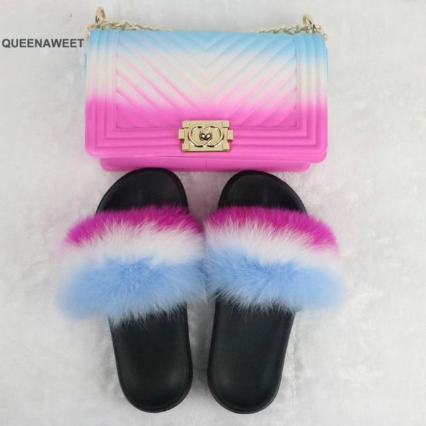 

slippers women summer fur colorful jelly bag cute fluffy fashion furry slides plush slipper sets, Black