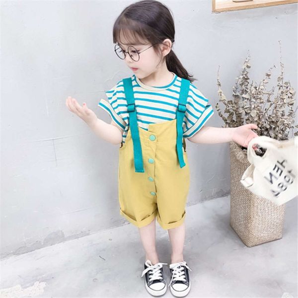 

girls' suit stripe short sleeve t-shirt with suspenders 21 summer new children's wear 3-8 years old, White