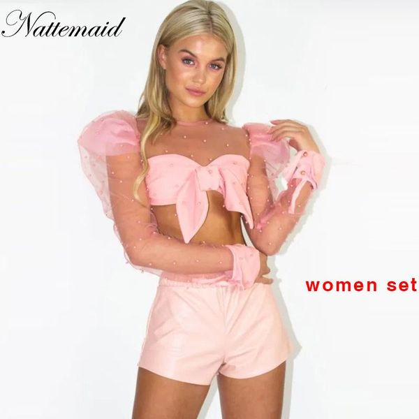 

two piece dress nattemaid pearl mesh patchwork pieces set formal bow and shorts women sey hollow out 2 outfit, White