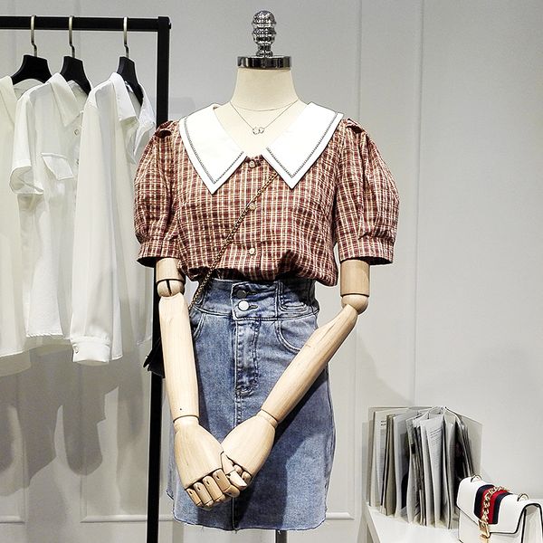

2021 summer new shirt for women casual loose puff sleeves blouse doll collar sweet all-match plaid blusas elegant blouse, White