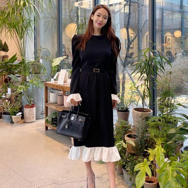 

casual dresses fashion autumn winter women elegant puff sleeve ladies o neck ruffles patchwork belt slim mid-calf a line vestidos, Black;gray