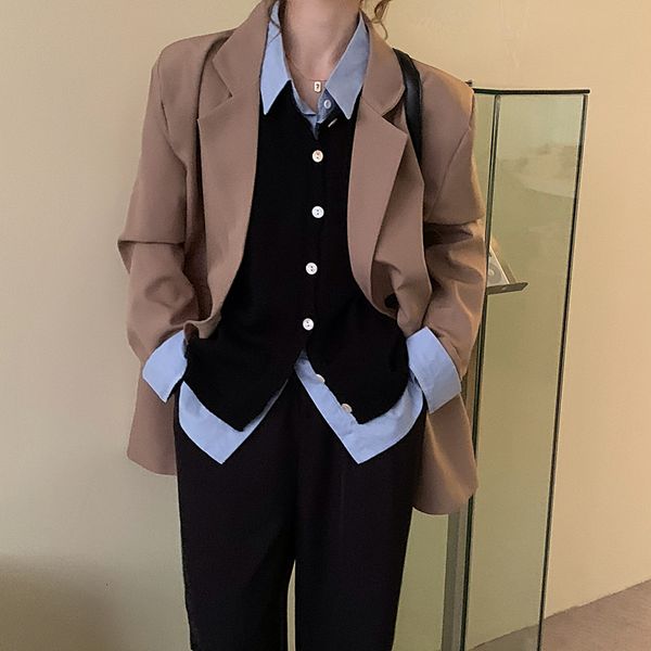 

2021 ol notched vintage basic solid casual blazer jacket new autumn winter commuting formal women blazers loose suit coat kus7, White;black