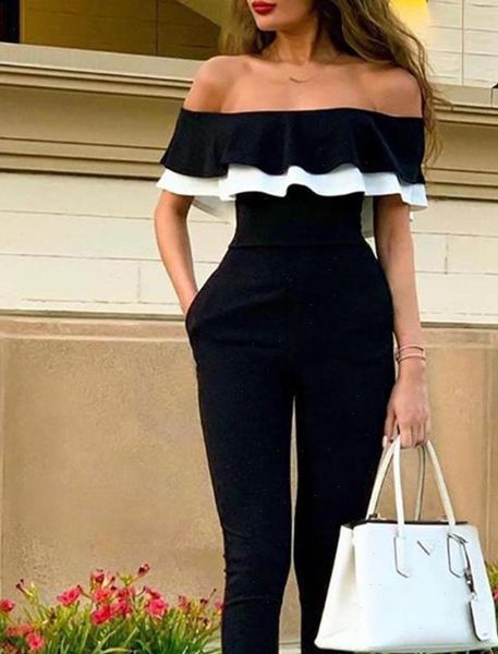 

fashion cold shoulder long romper summer black full length overalls for women lady jumpsuits 640, Black;white