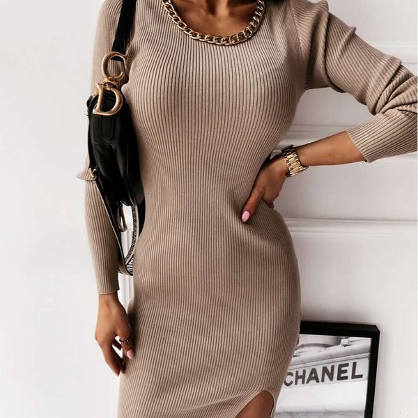 

temperament neck dress new chain decorative simple base skirt round in autumn and winter 2020 hot, Black;gray