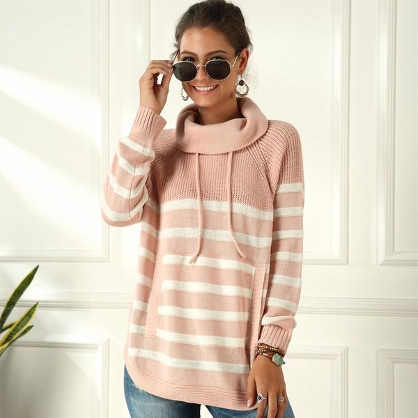 

women's sweaters fashion striped pocket knitted turtleneck sweater women pullover oversized jumper long sleeve warm female autumn 2021, White;black