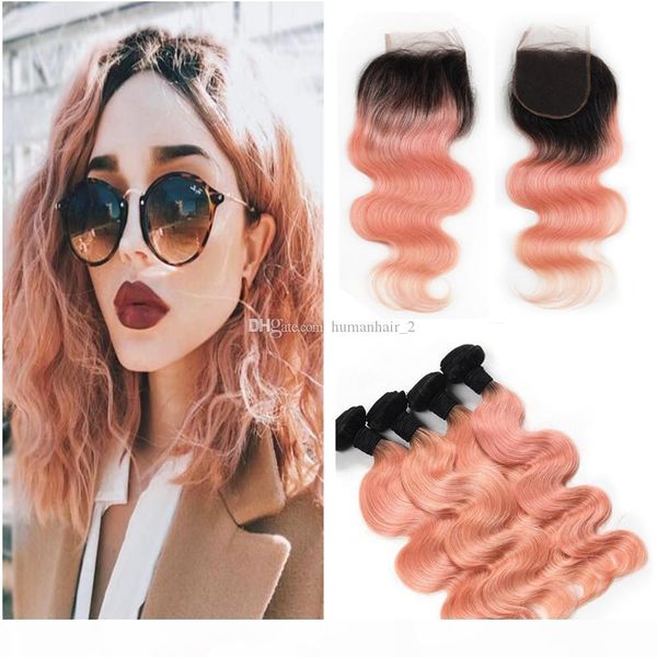 

rose gold ombre hair with 4*4 lace closure brazilian virgin blush gold body wave human hair weaves dark root with closure, Black;brown