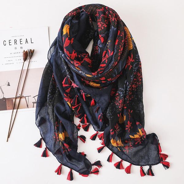 

2021 Women Fashion Small Polka Floral Tassel Viscose Shawl Scarf Print Voile Wrap Headband Bufandas Muslim Hijab Sjaal 130*130Cm, Blue;gray