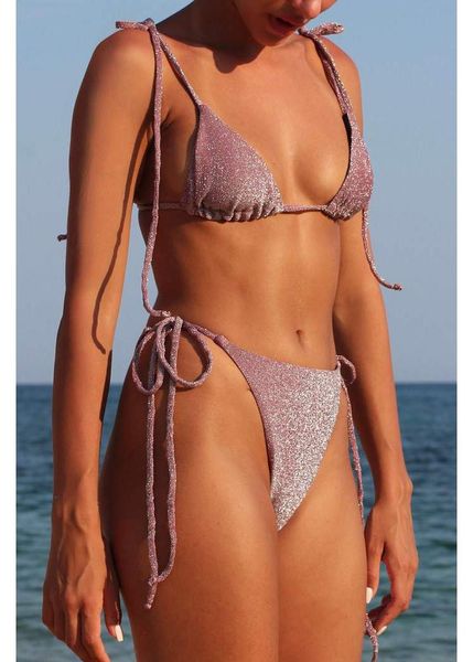 

dusty rose lurex fabric with soft black liner triangle bikini long strap high waist swimsuit bikini