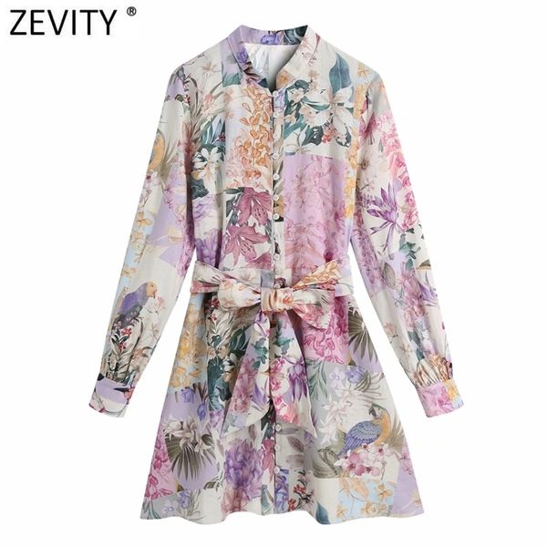 

zevity women stand collar breasted bow sashes shirtdress female patchwork floral print vestidos chic a line mini dresses ds8255 210623, Black;gray