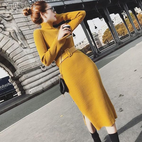 

casual dresses turtleneck women long sleeve split fork knitted dress slim autumn winter female yellow with belt, Black;gray