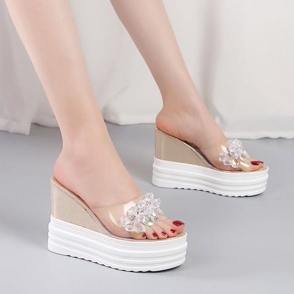

on a wedge transparent slippers female shoes women heels slides string bead fashion platform 2021 high luxury pu super transpare, Black