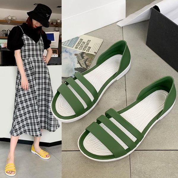 

sandals korean woman's soft stitching comfortable flat single shoes waterproof beach open toe casual woman footwear, Black