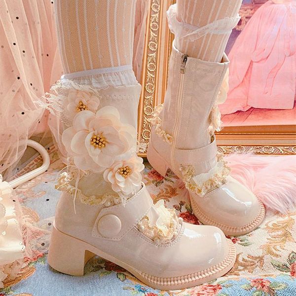 

boots beige french retro handmade flower lace women's autumn 2021 round toe thick-soled design niche mid-boot, Black