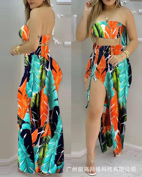 

women's tracksuits 2021 tube pleated two-piece skirt elegant casual printed fashion suit, Gray