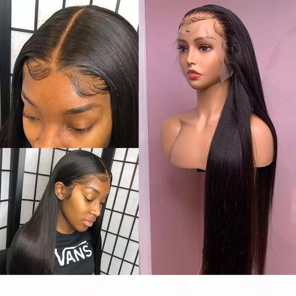 

13x4 lace front human hair wigs pre plucked brazilian straight remy 28 30 inch lace closure frontal wig for black woman full, Black;brown