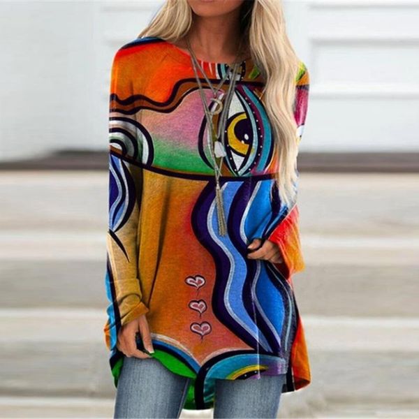 

women's t-shirt women plus size autumn casual printed abstract art pullover long sleeve shirts ladies clothes streetwear, White