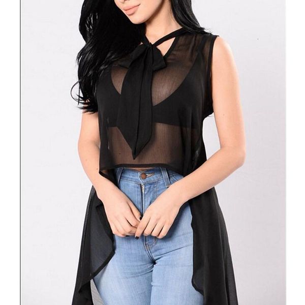 

new fashion women sleeveless blouse 2021 halter solid color transparency loose casual summer sheer long blouse streetwear, White