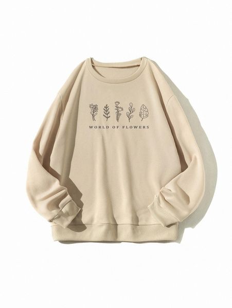 

floral & slogan print round neck sweatshirt l89j#, White;black