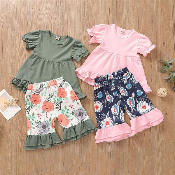 

clothing sets 2021 kids baby girls cotton outfit clothes kid infant short sleeve round neck +floral print shorts child girl set, White