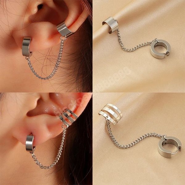 

fashion c shape metal chain double pierced clip earrings for women punk silver color non piercing fake earring jewelry gifts