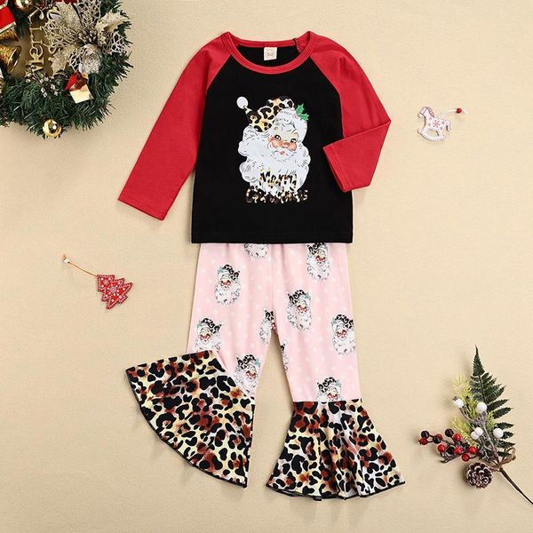 

clothing sets 9m-4t christmas kids set 2pcs outfits long sleeve santa claus print flare pants suit xmas girl toddler infant baby, White