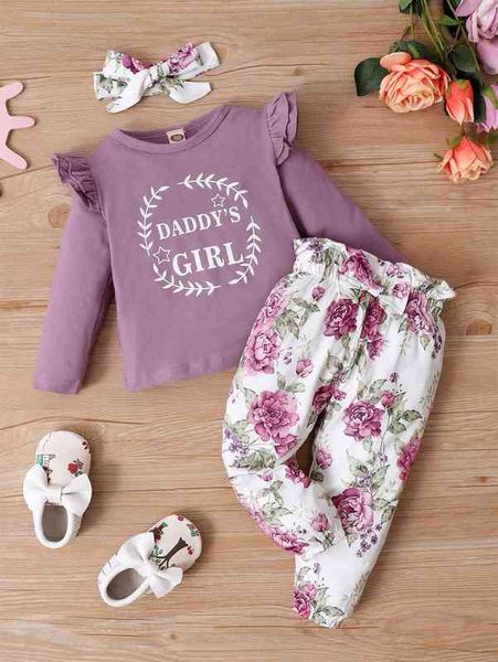 

baby letter graphic tee & floral print bow front pants with headband she, White