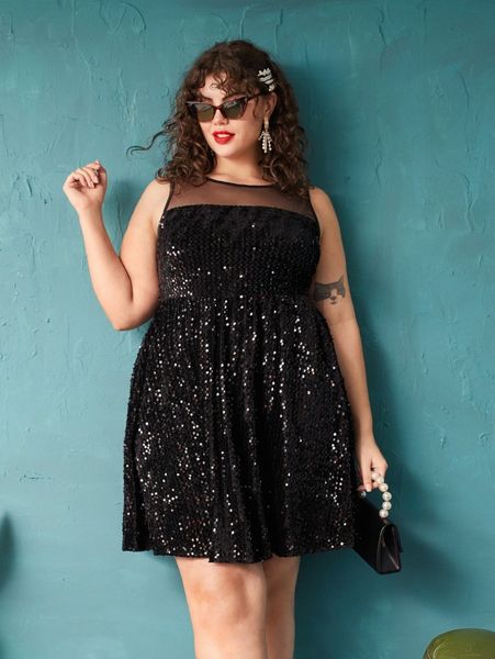 

plus contrast mesh sequins dress q47c#, Black