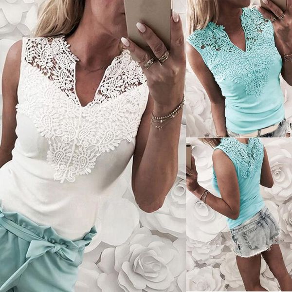 

women's t-shirt fashion lace v-neck t shirt women 2021 white solid color tee sleeveless hollow out tank vest ladies clothing