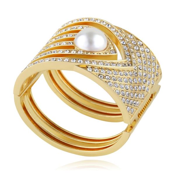 

bangle haha&toto gold plated statement bracelet cuff for women inlaid cz diamonds pearls chunky gift, Black