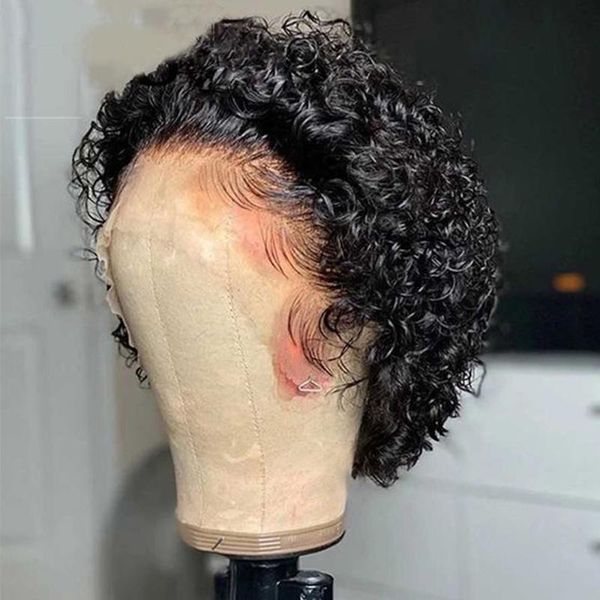 

lace wigs short bob pixe cut t part front wig preplucked curly human hair for women 6inch transaprt frontal, Black;brown