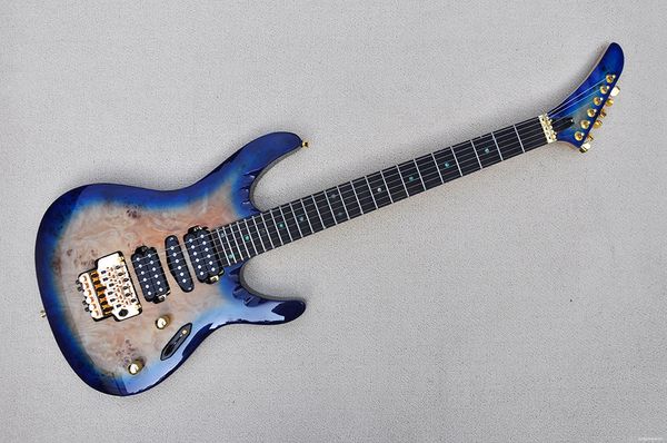 Chitarra elettrica personalizzata in fabbrica con corpo blu con tastiera in palissandro smerlato, 24 tasti, hardware dorato