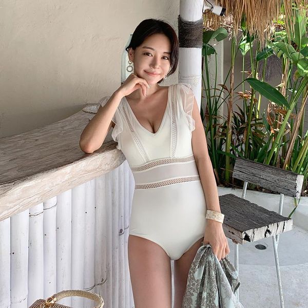 

one-piece suits womens white swimming suit tummy control monokini swimwear push up beach lace swimsuit with ruffles costume bodysuit