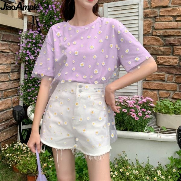 

korean fashion sweet mesh daisy t-shirt for women ins loose girl student joker summer short sleeve streetwear clothing 210304, White