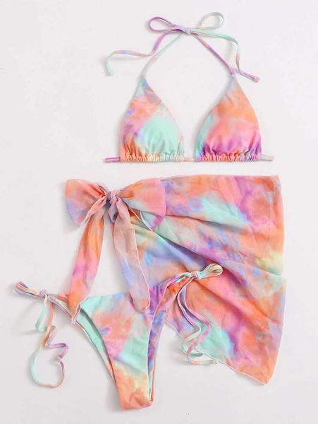 

style bikini tie dyed three piece chiffon swimsuit, White;black