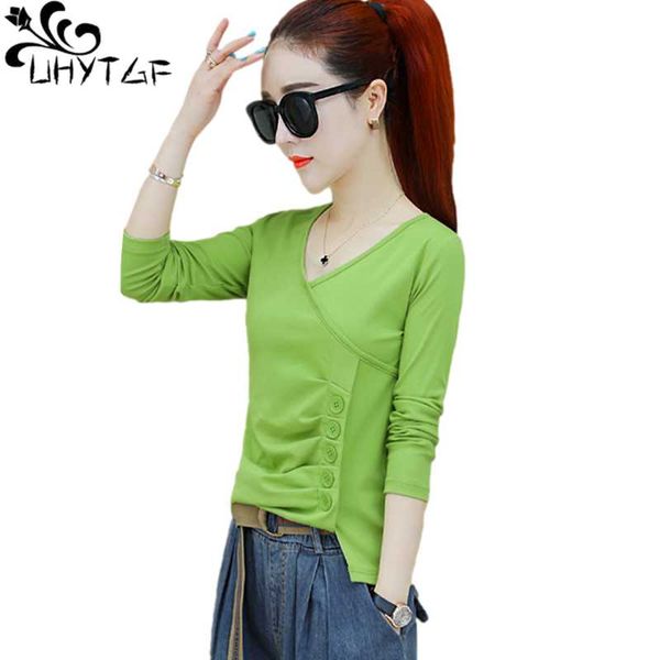 

women's t-shirt uhytgf fashion long sleeve v-neck pullover slim autumn female soft comfortable short plus size t shirt 1563, White