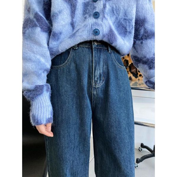 

women's jeans washed retro straight high waist fall 2021 style old blue