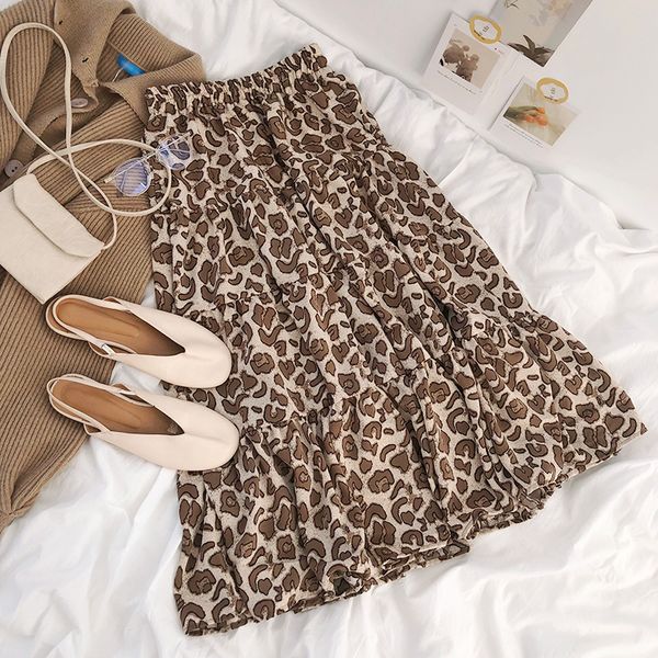 

2021 new mooirue spring elegant women long rugfle leopard printed print korean elastic high waist thin skirt cake kirt lruv, Black