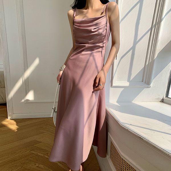 

folds woman dress spaghetti strap sleeveless dresses 2021 summer korean fashion yellow clothing solid elegant sundress, Black;gray